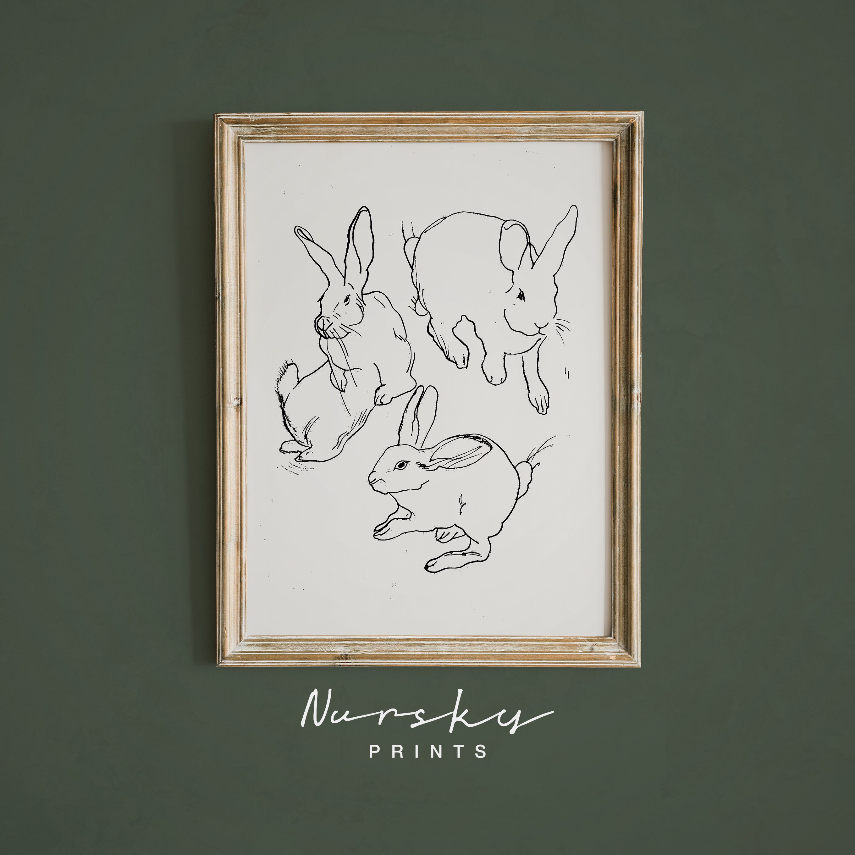 Vintage Three Bunny Rabbit Line Art | Abstract Farm Print | Farmhouse ...