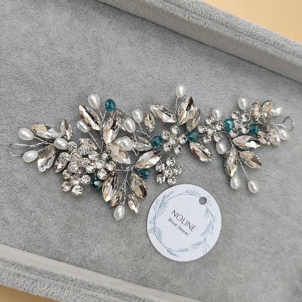 Bandeau de Cheveux en Fil d'Argent ornés de Cristal Bleu et Perles Artificielles, couronne de cheveux cristal clair et perles blanches