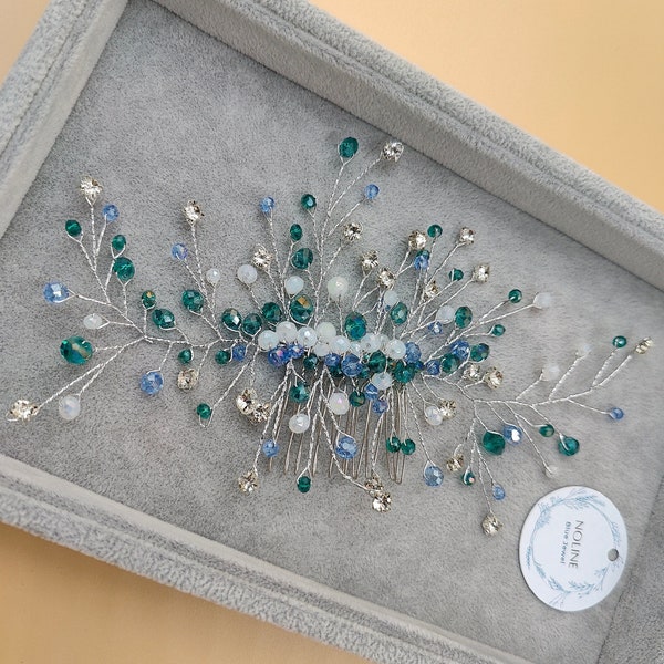 Bijoux de cheveux strass brillant bleu, vert et argent, accessoire coiffure de mariée, bandeau pour cheveux, accessoire chignon