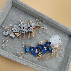 Hair comb adorned with charming light blue or royal blue flowers, flower and gold leaf motif hair jewel