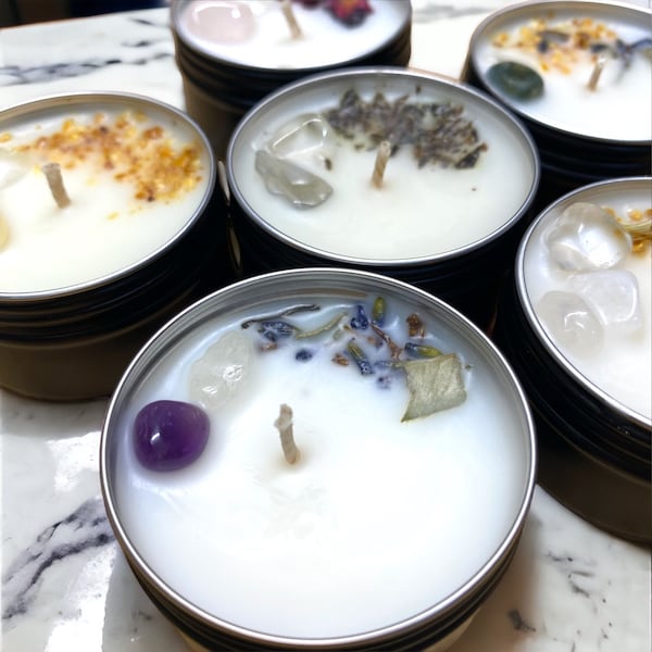 Crystal Infused Tealight Candles Set Tealight Sample Set| Crystal and Herb Candles | Intention Candles with Crystals inside Tea Lights