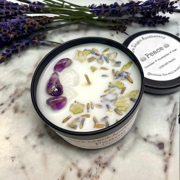 Crystal Infused Candle *PEACE* with Amethyst, Clear Quartz, Lavender, Eucalyptus, and Sage | Intention Candle with Crystals Candle for Peace
