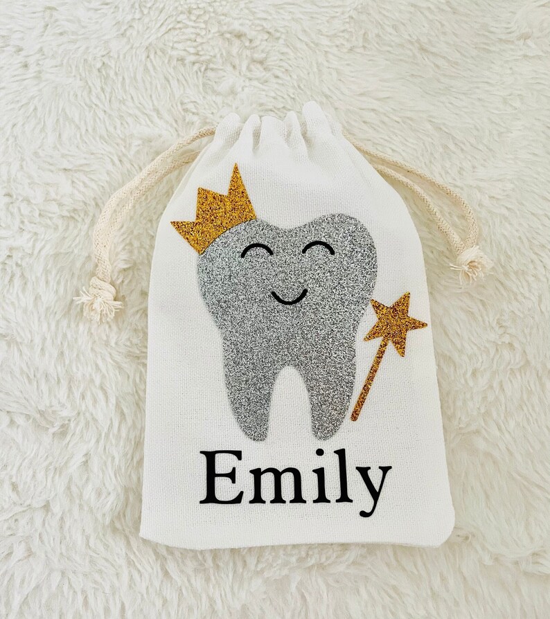 Personalised Tooth Fairy Bag, Tooth, Pouch, First tooth, Keepsake tooth fairy, Children's gift, 1st tooth, Fairy bag, Tooth fairy pouch Gold - Wand & Crown