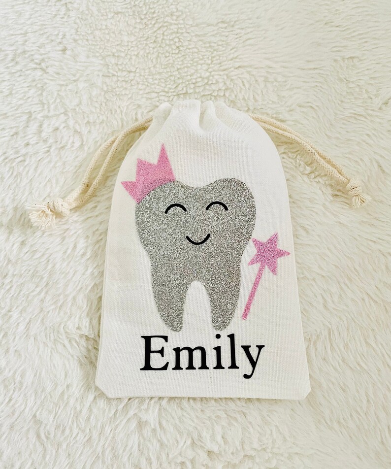 Personalised Tooth Fairy Bag, Tooth, Pouch, First tooth, Keepsake tooth fairy, Children's gift, 1st tooth, Fairy bag, Tooth fairy pouch Pink - Wand & Crown