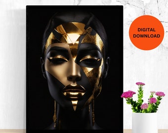 Woman,black background, gold accents, digital download, printable art