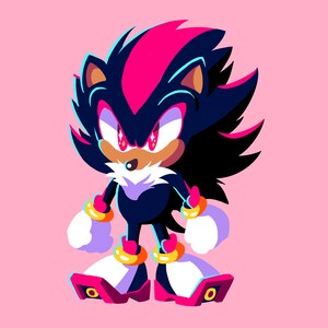 May include: A cartoon illustration of Shadow the Hedgehog, a black and red hedgehog with white eyes, wearing gold rings on his wrists and ankles. He is standing on a pink background.