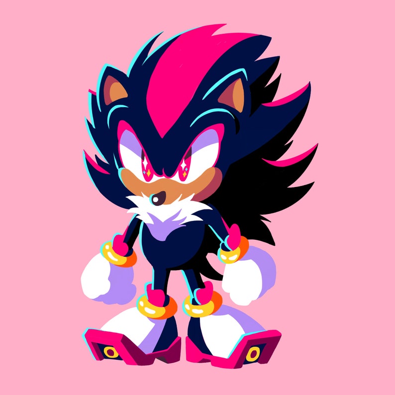 May include: A cartoon illustration of Shadow the Hedgehog, a black and red hedgehog with white eyes, wearing gold rings on his wrists and ankles. He is standing on a pink background.