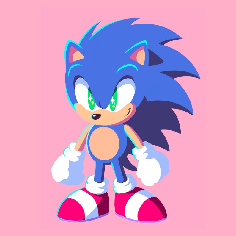 May include: A blue cartoon character with a white chest and red shoes. The character has a mischievous grin and green eyes with sparkling highlights. The background is pink.
