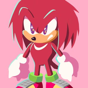 May include: A red cartoon character with spiky red hair, white gloves, and green and yellow shoes. The character has a serious expression with purple eyes that have sparkling white stars.