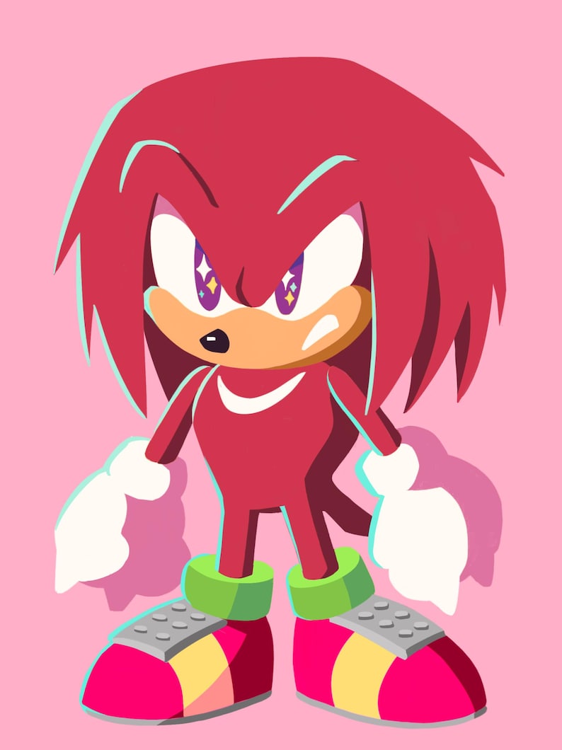 May include: A red cartoon character with spiky red hair, white gloves, and green and yellow shoes. The character has a serious expression with purple eyes that have sparkling white stars.