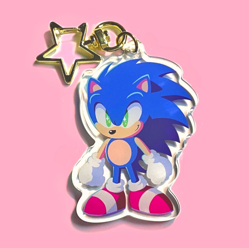 May include: A blue and white cartoon character keychain featuring Sonic the Hedgehog. The keychain is made of clear acrylic and has a gold star-shaped charm.