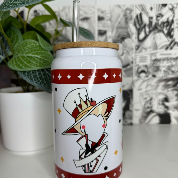 Lucifer Cup- Cartoon Glass Cup- Hazbin Cup- 16oz Libbey Cup- 16oz Beer Can Glass-Cute Cup-