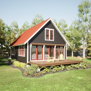 Small Cabin Plans with Loft – 22x32 Cottage House Plan PDF | DIY Tiny Home Blueprint, 3 French Doors, Open Concept – Instant Download