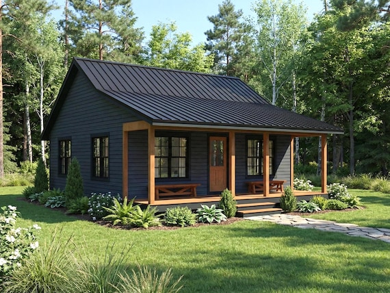26x26 Small Cabin Plans PDF: Tiny Home Blueprint with Porch & Fireplace (Instant Download)