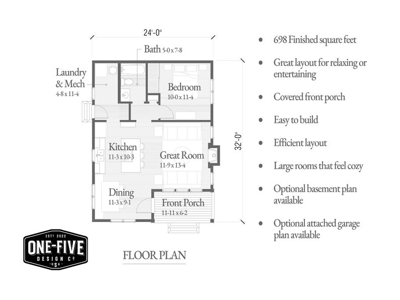 Plans de la cabine 24'x32' PDF Plans pour petite cabine DIY facile à construire avec un petit cottage avec porche couvert Téléchargement immédiat image 2