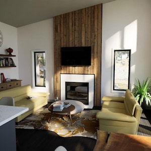 May include: A modern living room with a fireplace, two yellow sofas, and a large clock on the wall. The room features a wooden accent wall, a rug, and large windows that let in natural light. The overall design is contemporary and inviting.