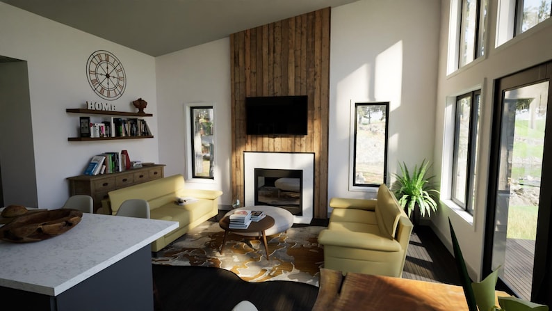 May include: A modern living room with a fireplace, two yellow sofas, and a large clock on the wall. The room features a wooden accent wall, a rug, and large windows that let in natural light. The overall design is contemporary and inviting.