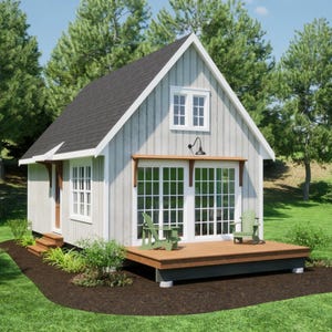Hutplattegronden met loft 16'x28' PDF Plattegronden voor kleine hut met loft | Eenvoudig zelf te bouwen huisje met schuifdeuren: direct downloaden