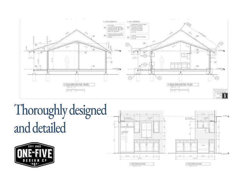 Pier, slab-on-grade, or crawlspace foundation included in plan set. Framing details for roof, floor, and walls – ready for construction.