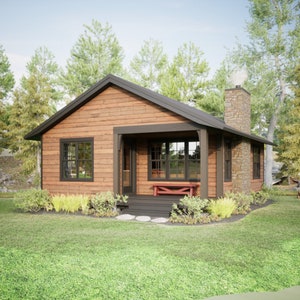 Plans de la cabine 24'x32' PDF Plans pour petite cabine DIY facile à construire avec un petit cottage avec porche couvert Téléchargement immédiat image 1