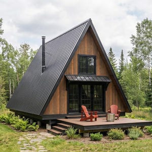 May include: A-frame cabin with a black metal roof and wooden siding. The cabin has a small deck with two red Adirondack chairs and a fire pit. The cabin is surrounded by trees and greenery.