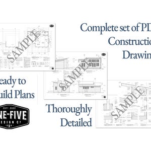 May include: A set of architectural construction drawings labeled "SAMPLE" in a variety of views. Text includes "Ready to Build Plans," "Complete set of PDF Construction Drawings," and "Thoroughly Detailed." A black and white logo is also present.