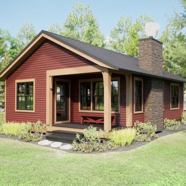 Cabin Plans 24'x38' PDF Plans for small 2 bedroom cabin | DIY easy to build small cottage with covered front porch - Instant Download