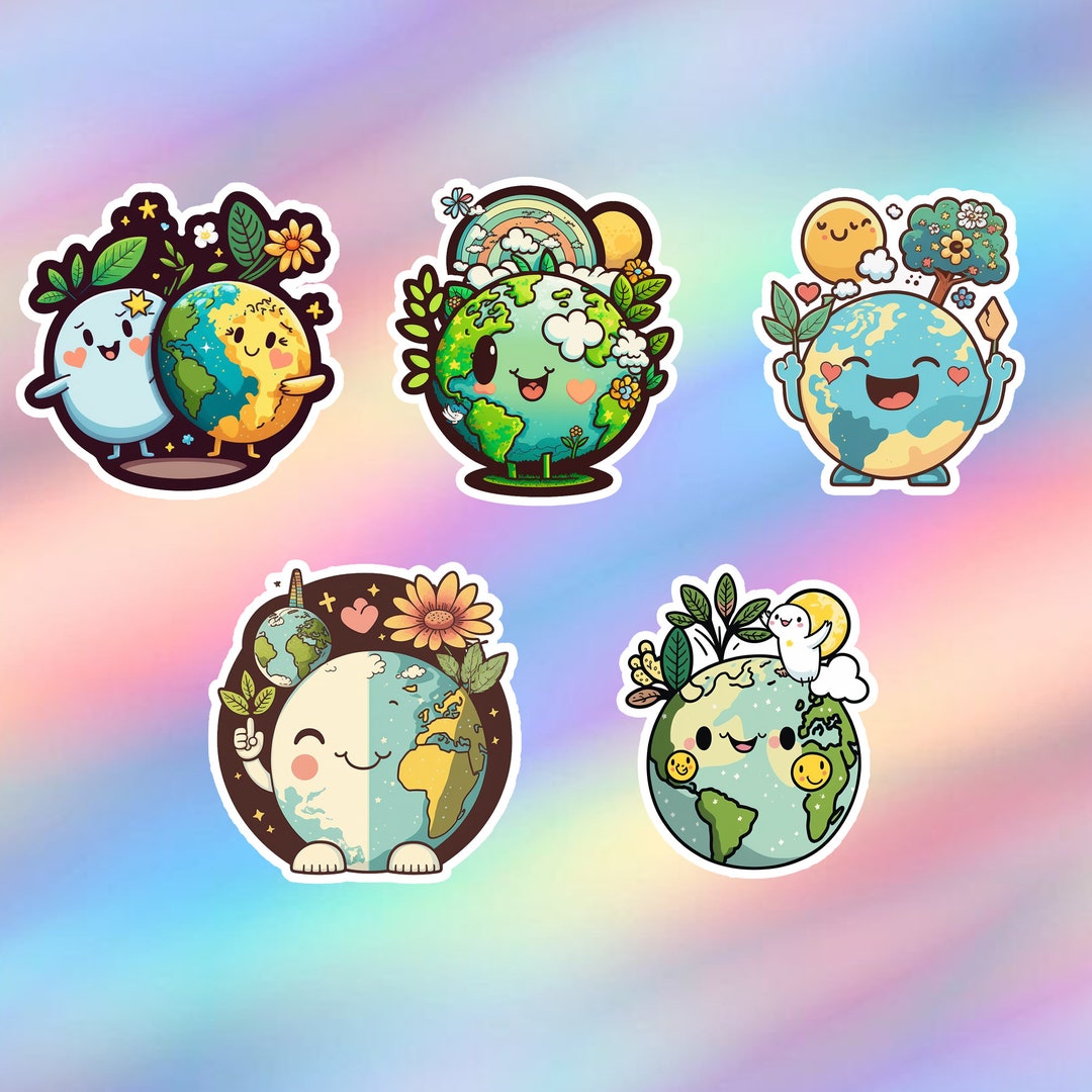 Cute Earth Stickers Pack of 5 Kawaii Planet Vinyl Laptop Sticker Water ...