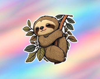 Cute Sloth Sticker With Branch Kawaii Animal Vinyl Laptop Sticker Water bottle sticker Tumbler sticker Skateboard Sticker Decal