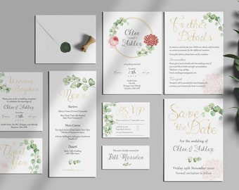Floral Wedding Stationery Package | Downloadable PDF | Customisable | Invitation | RSVP | Further Details | Menu | Save the Date | Printable