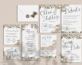 Rustic Floral Wedding Stationery Package | Downloadable PDF | Customisable | Invitation | RSVP | Menu | Save the Date | Printable