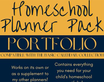May include: A yellow and blue graphic with the text "Brainy Bumblebee's Homeschool Planner Pack PORTFOLIO COMPATIBLE WITH THE BASIC CALENDAR COLLECTION" and the text "Works on its own or as a supplement to my other planners! Contains everything you need for your child's homeschool portfolio!"
