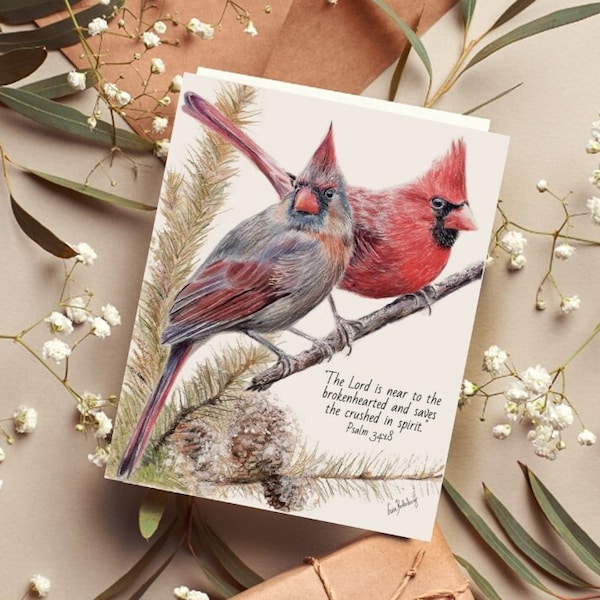 Sympathy Cardinal Pair Watercolor- Psalm 34:18 Scripture Cards, Magnets, and 5x7 or 8x10 Prints; Male and Female Cardinal Sympathy Gifts