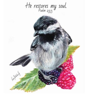 Psalm 23 Chickadee Bird on Berries Watercolor Painting; Blank Greeting Card, or Magnet; Wildlife Illustration; Greeting Card Gift