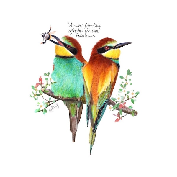 European Bee-Eaters: Magnets, Cards, or Giclee Prints; Bird Watercolor Gift for Friends, Birthday Gift or Card; Bee Painting