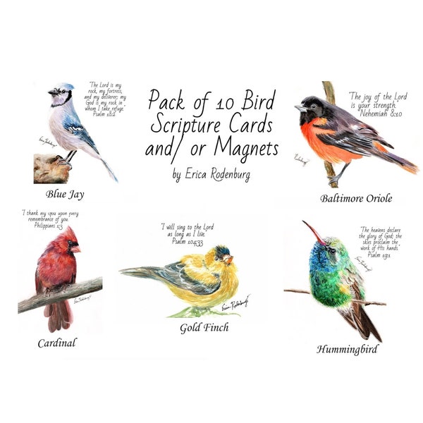 10 Greeting Card or Magnet Packs of Scripture Birds- 2 each of the Baltimore Oriole, Blue Jay, Hummingbird, Cardinal, and Goldfinch