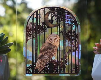 SUNCATCHER Forest Flight Owl | Rainbow Suncatcher, Sticker, Rainbow Maker, Decal, Window Decal, Window Sticker 5&quot;