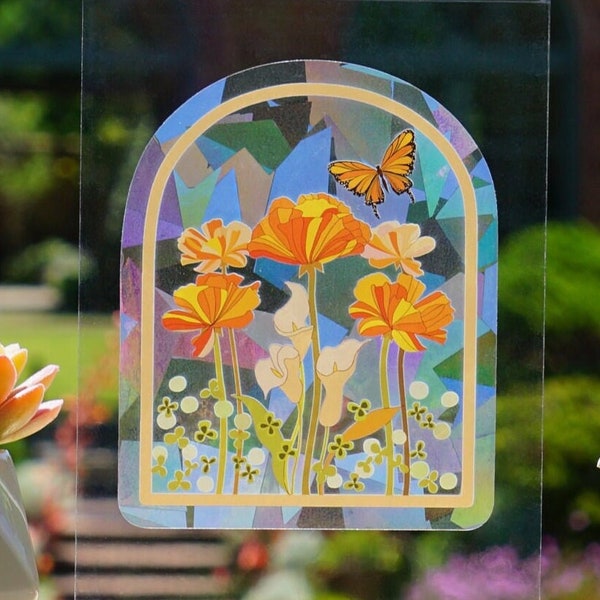 SUNCATCHER Golden Poppy Flowers | Rainbow Suncatcher, Sticker, Rainbow Maker, Decal, Window Decal, Window Sticker 5"