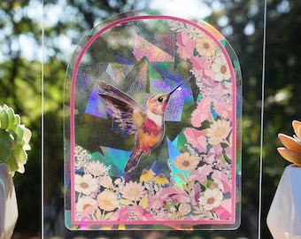 SUNCATCHER Hummingbird Garden / Acchiappasole arcobaleno, Adesivo, Creatore di arcobaleni, Decalcomania, Decalcomania per finestre, Adesivo per finestre 5"