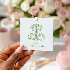 Groene geschenkbijsluitkaarten familiemonogram | Cadeaukaartjes of stickers voor het gezin | Gepersonaliseerde monogram cadeaukaartjes, afdrukbare bedankkaartjes voor bruiloft