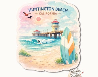 Pegatina de Huntington Beach, California: Vinilo mate impermeable con estilo acuarela vintage. Calcomanía de viaje.