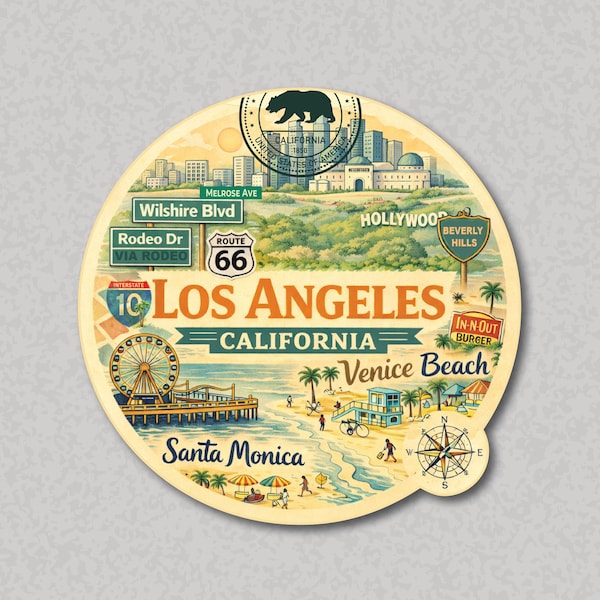 Los Angeles California Sticker – Vintage Travel Map : Waterproof and whetherproof Vinyl Matte Travel Decal