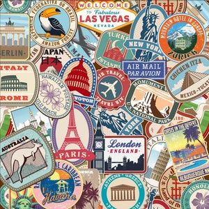 Travel stickers pack 10/20/30/38 Piece, travel ephemera, Waterproof, Vintage style travel sticker, Die cut waterproof vinyl sticker