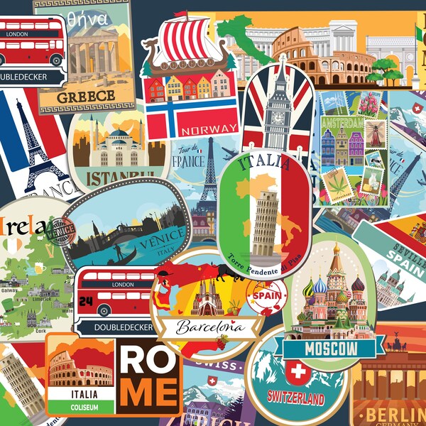 Europe sticker pack  3/7/11/19 Piece, travel ephemera, Luggage Stickers, Die Cut Vinyl Travel Stickers, Waterproof