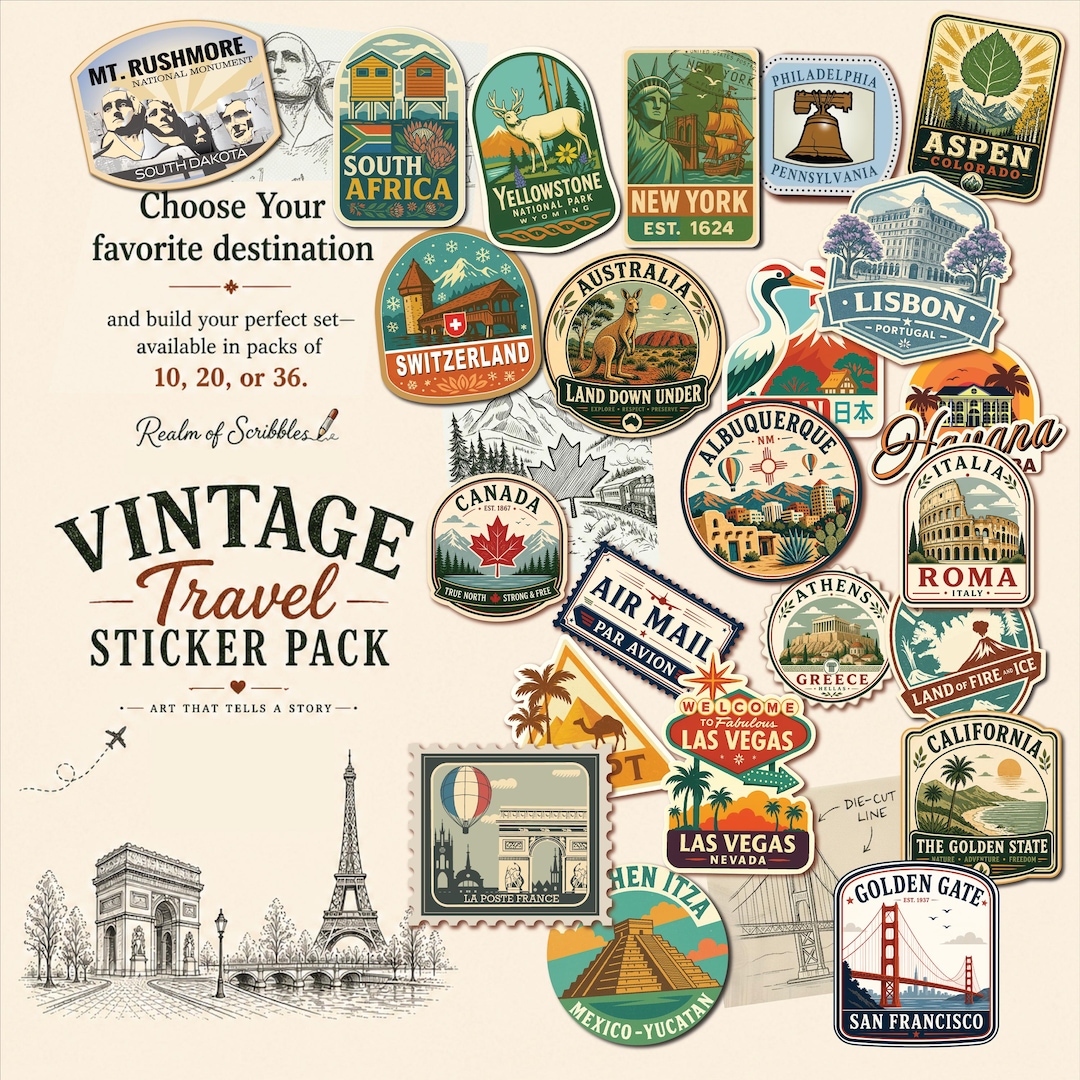 Vintage Travel Sticker Pack: Custom Retro Vinyl Waterproof Decal; 10 ...