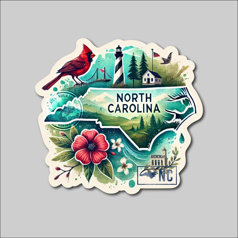 May include: A North Carolina sticker featuring a red cardinal, a lighthouse, and the state's outline. The design incorporates a bridge, trees, a house, and flowers. The words 'North Carolina' are prominently displayed, along with 'NC' and a circular stamp. The color palette includes shades of red, green, blue, and white.