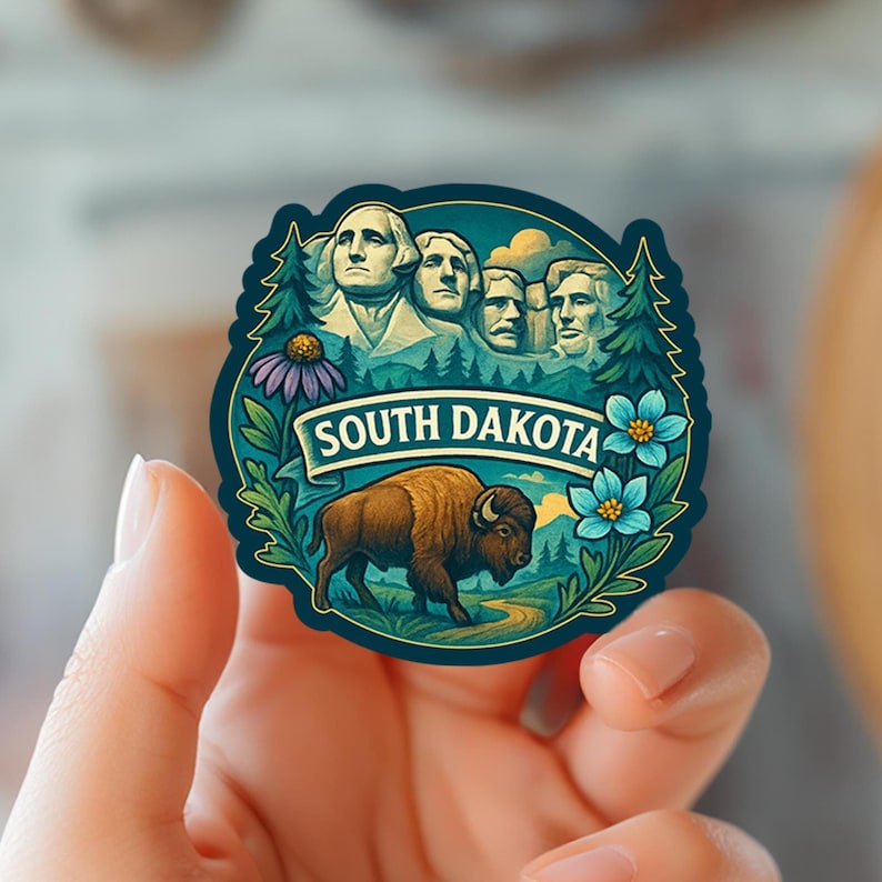 Puede incluir: Una pegatina troquelada con el Monte Rushmore, un bisonte y el texto "SOUTH DAKOTA". La pegatina tiene un borde verde oscuro con ilustraciones de &aacute;rboles, flores y un camino sinuoso. El bisonte es marr&oacute;n y las flores son azules.