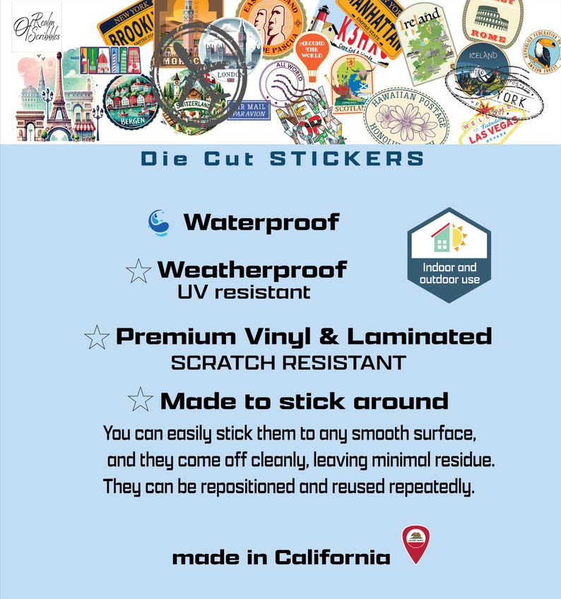 Puede incluir: Una colecci&oacute;n de pegatinas troqueladas con dise&ntilde;os tem&aacute;ticos de viajes, incluyendo paisajes urbanos y sellos. Las pegatinas son impermeables, resistentes a la intemperie, resistentes a los rayos UV y de vinilo de primera calidad. El texto dice "Made in California".