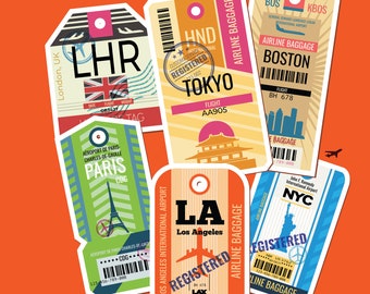 Vintage Airport Tag Stickers: Travel Ephemera Set of 6