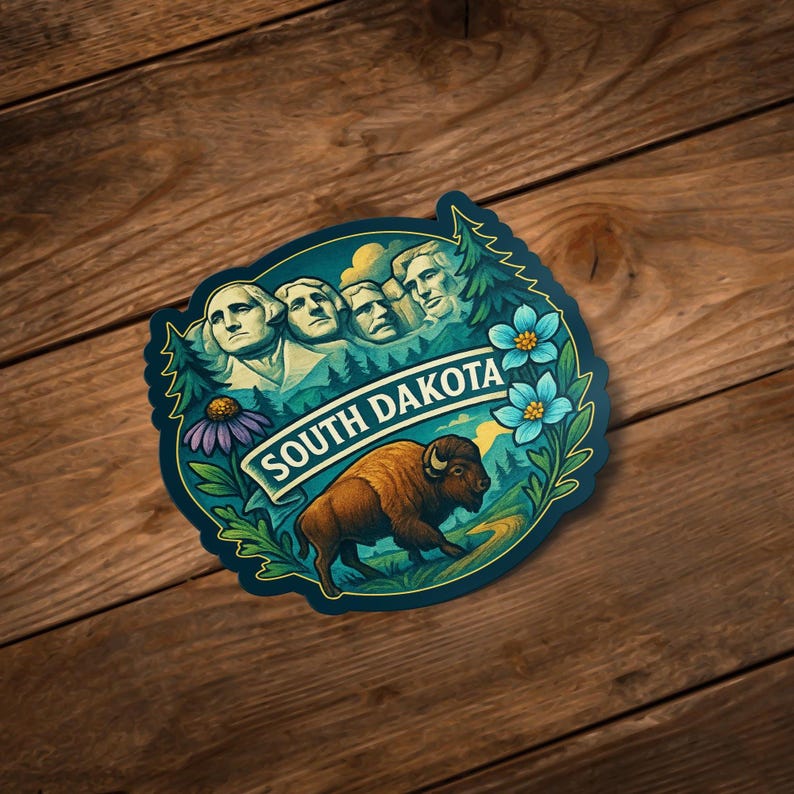 Puede incluir: Una pegatina con el Monte Rushmore, un bisonte y el texto "SOUTH DAKOTA". El dise&ntilde;o incluye flores azules y moradas, follaje verde y un paisaje. La pegatina est&aacute; sobre una superficie de madera.